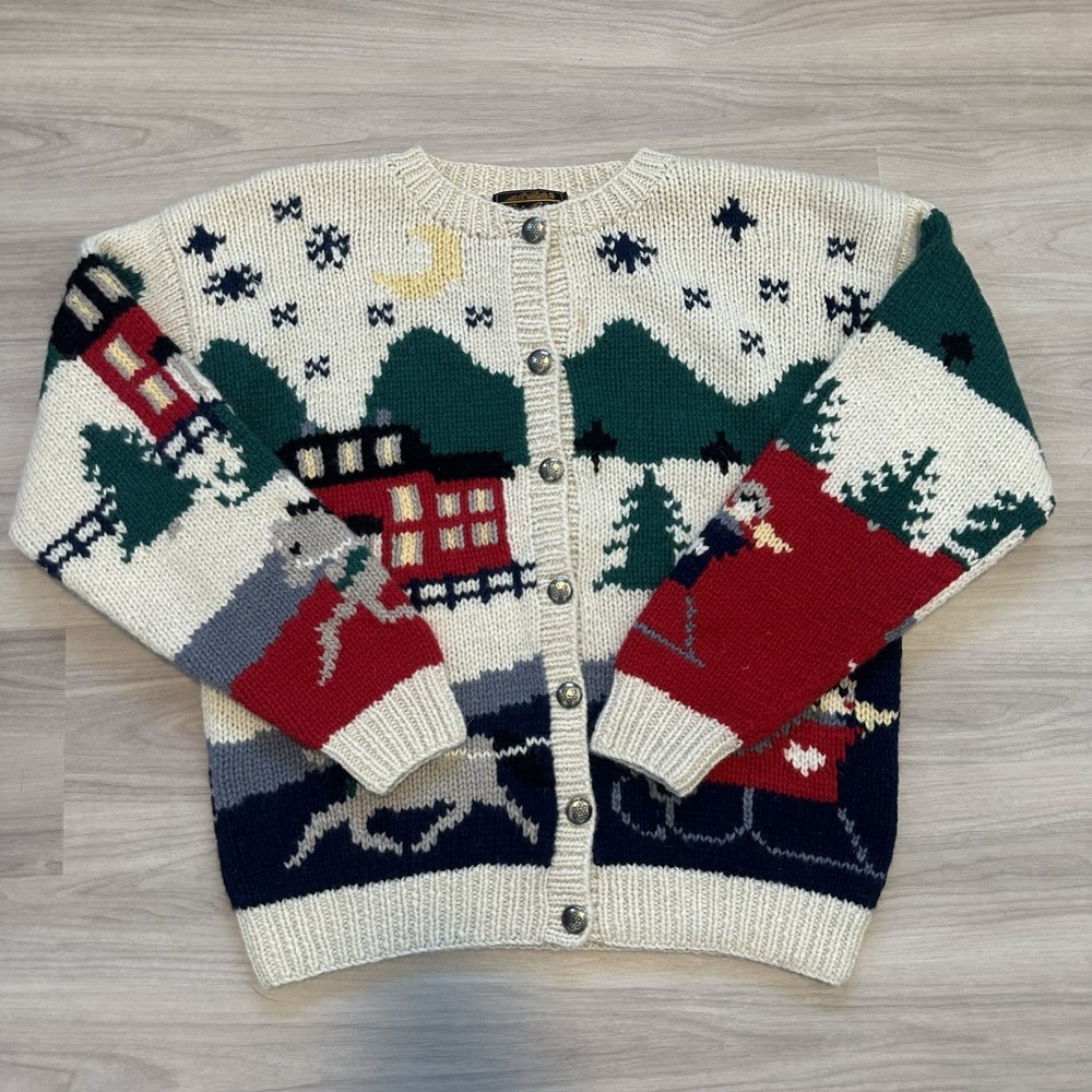 VTG 1989 Eddie Bauer Women's Hand Knit Wool Cardigan Sweater Nordic Ski Scene Lg - Picture 1 of 13